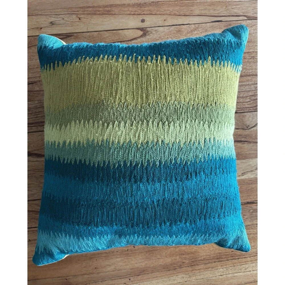 Pier One Embroidered Pillow Blue And Green 16” X 16” Removable Cover